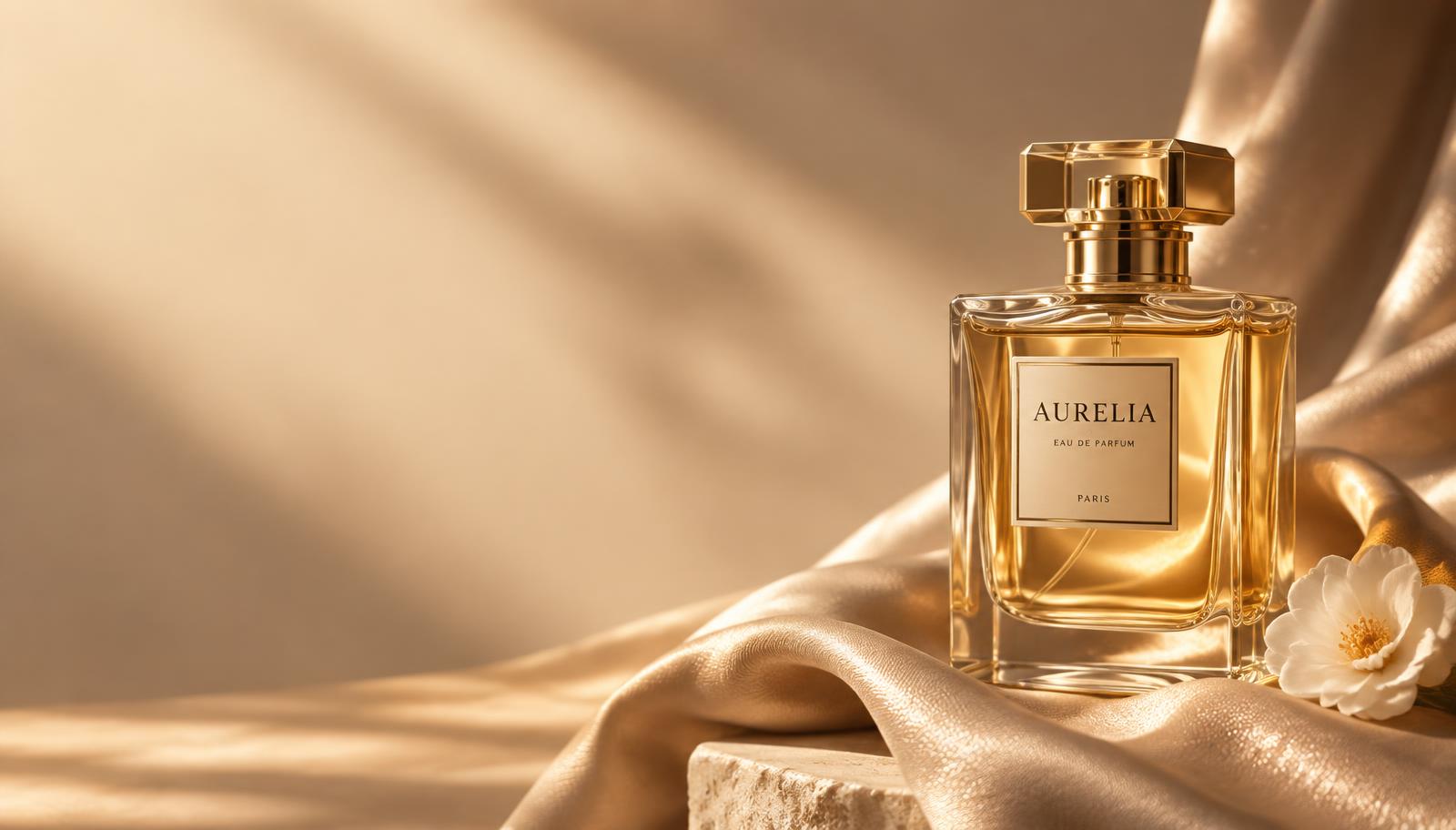 Campanha de perfume em tons dourados